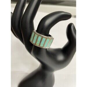 NATIVE AMERICAN Sterling Silver TURQUOISE RING Channel Inlay Lapidary 7.5